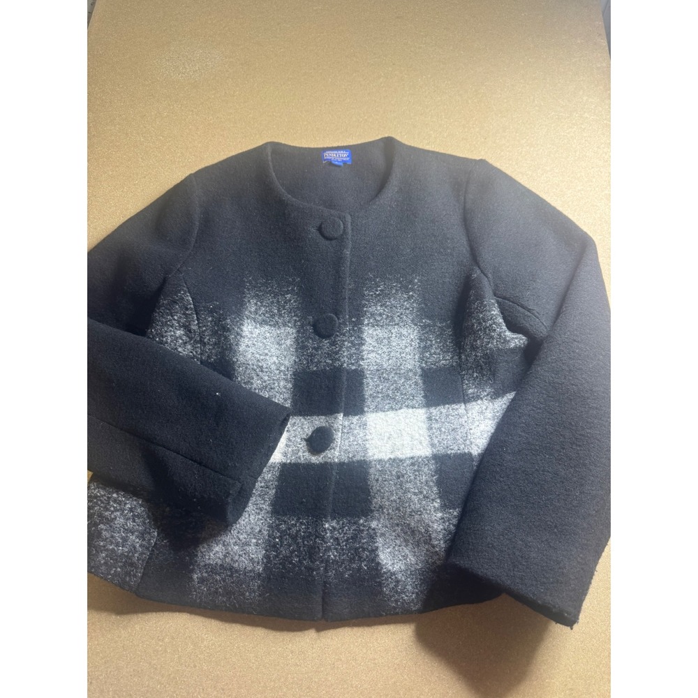 Pendleton Womens Black White Buffalo Plaid Wool Blend Collarless Button Jacket L - Picture 2 of 8